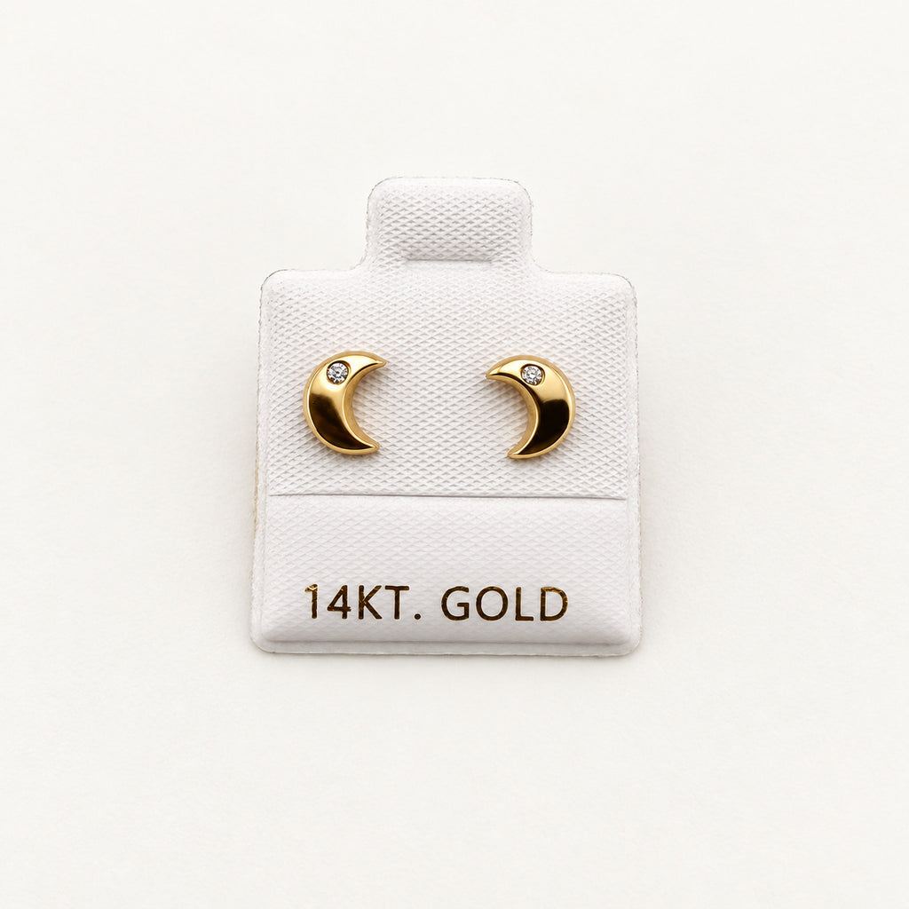 14K Gold Crescent Moon CZ Stud Earrings — front view
