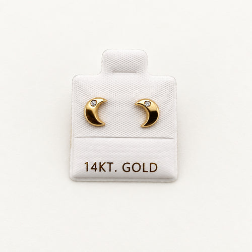 14K Gold Crescent Moon CZ Stud Earrings — front view