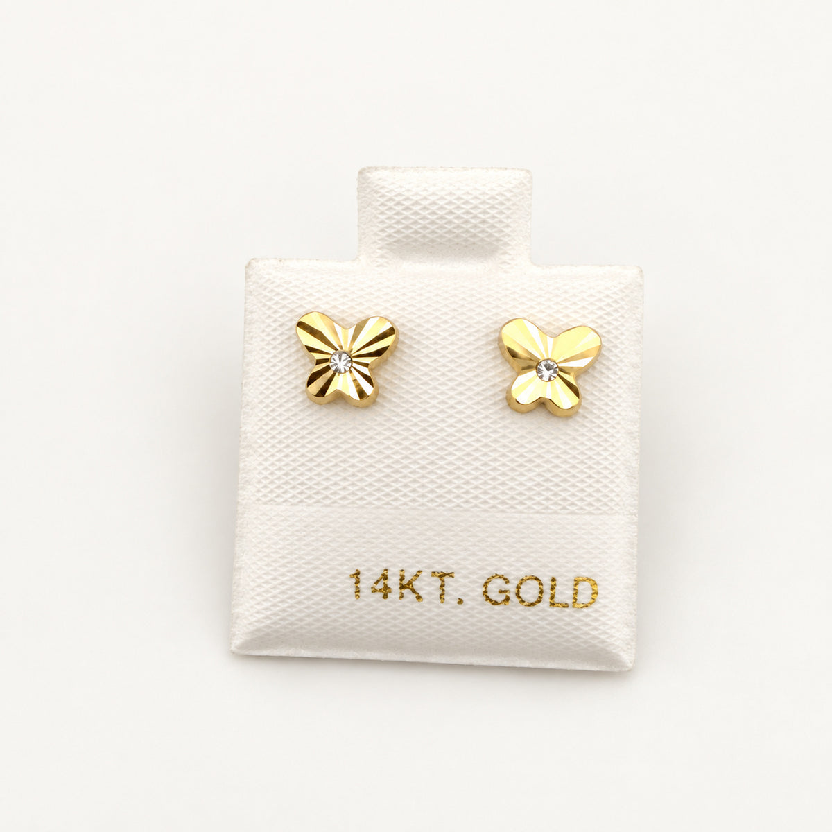 14K Gold Faceted Butterfly CZ Stud Earrings — front view