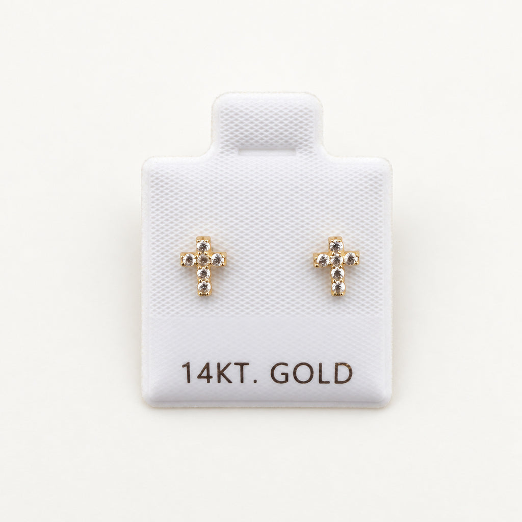 14K Gold Petite Cross CZ Stud Earrings — front view