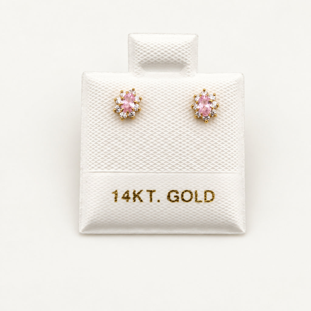 14K Gold Pink Halo Stud Earrings — front view