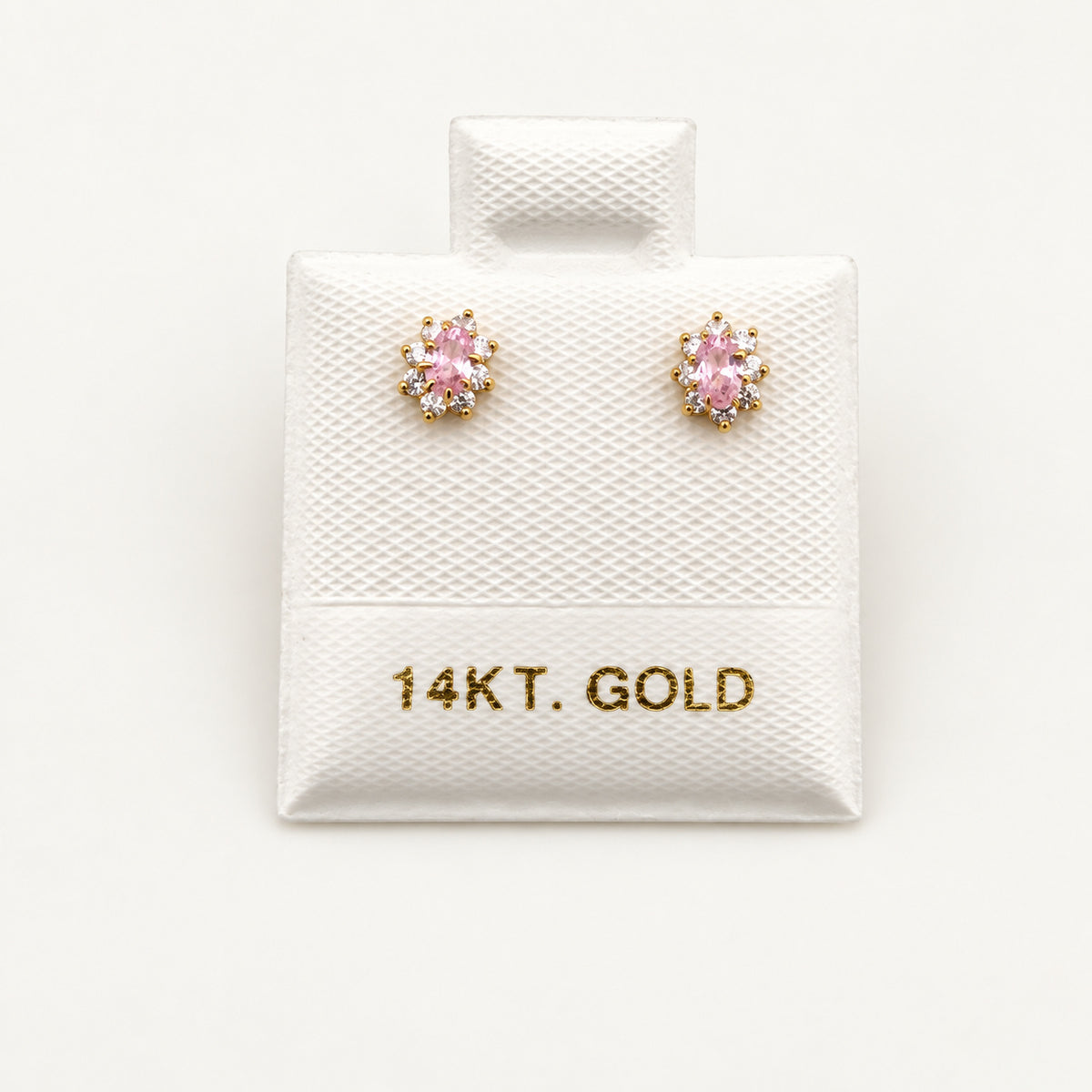 14K Gold Pink Halo Stud Earrings — front view
