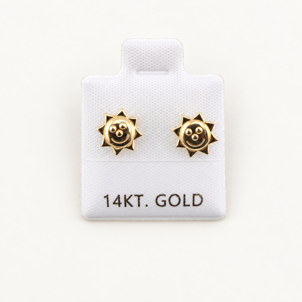 14K Gold Smiling Sun Stud Earrings — front view