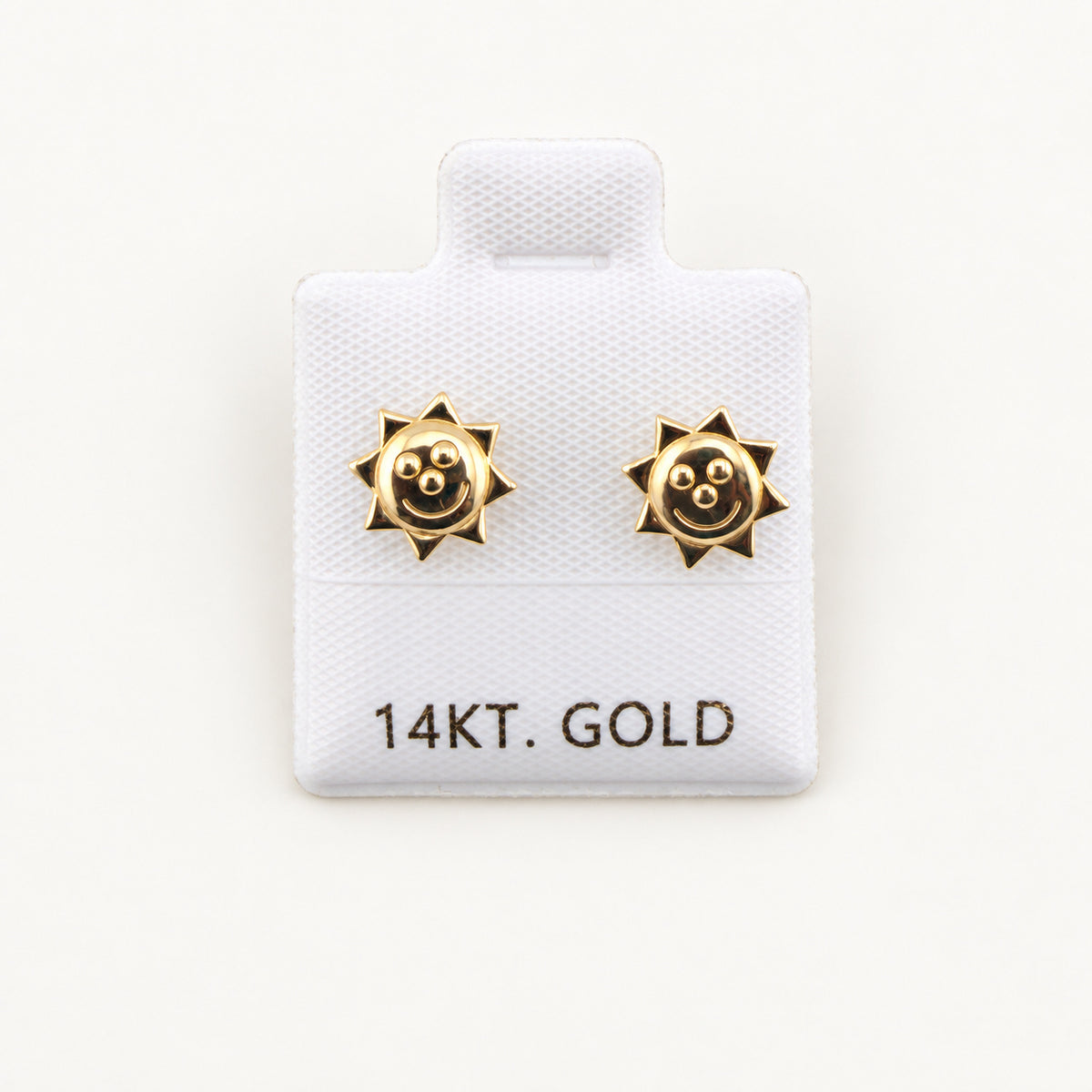 14K Gold Smiling Sun Stud Earrings — front view