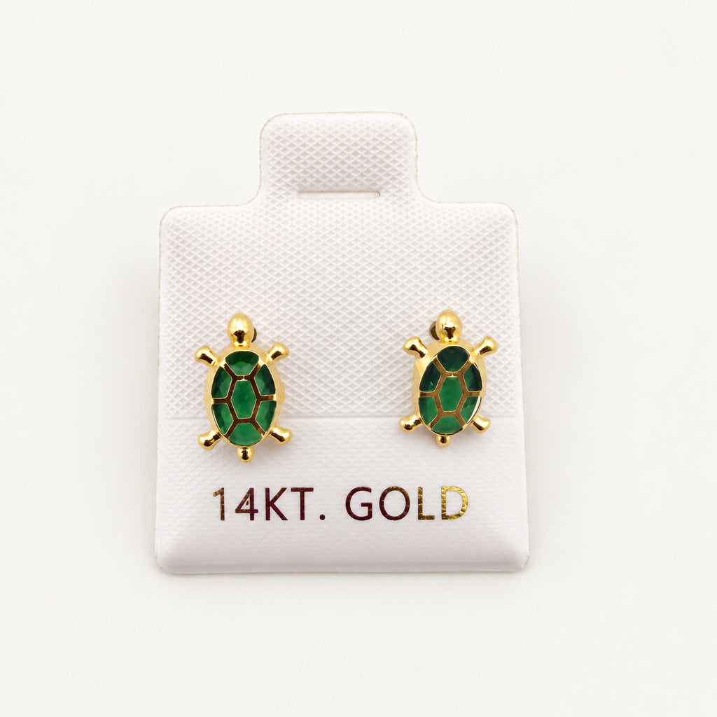 14K Gold Green Turtle Stud Earrings — front view