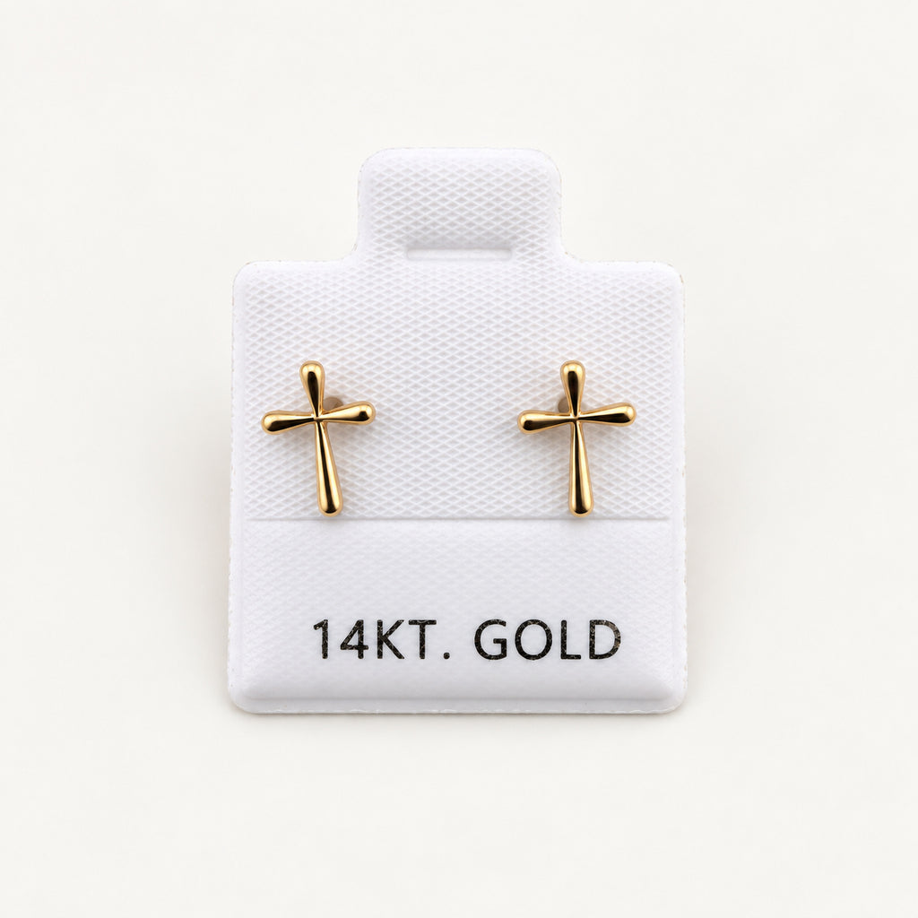 14K Gold Slender Cross Stud Earrings — front view