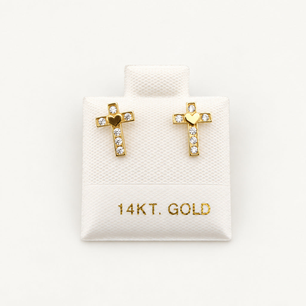 14K Gold Heart Cross CZ Stud Earrings — front view