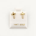 14K Gold Heart Cross CZ Stud Earrings — front view