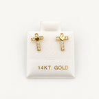 14K Gold Heart Cross CZ Stud Earrings — front view