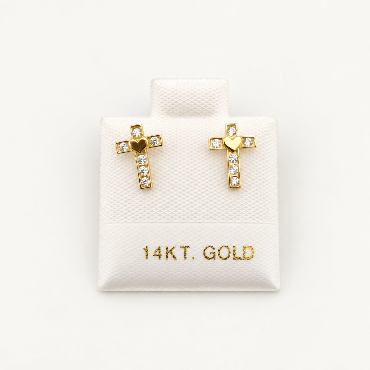 14K Gold Heart Cross CZ Stud Earrings — front view