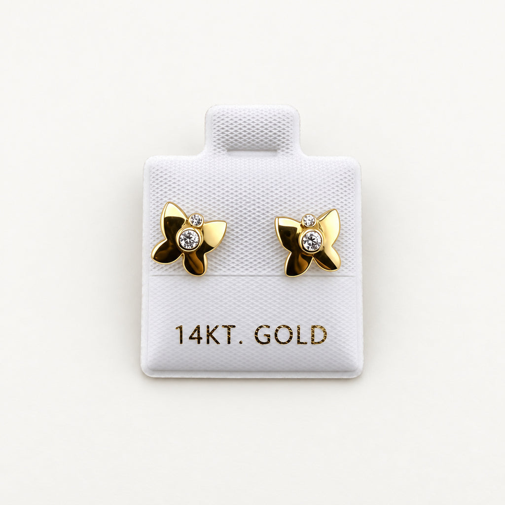 14K Gold Rounded Butterfly CZ Stud Earrings — front view