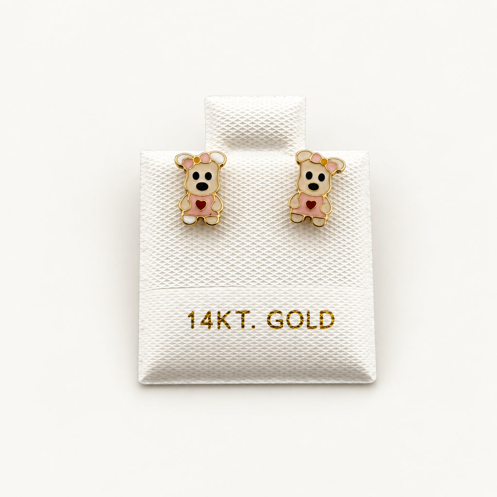 14K Gold Pink Puppy Stud Earrings — front view