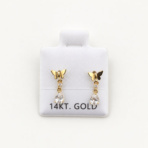 14K Gold Butterfly CZ Drop Earrings
