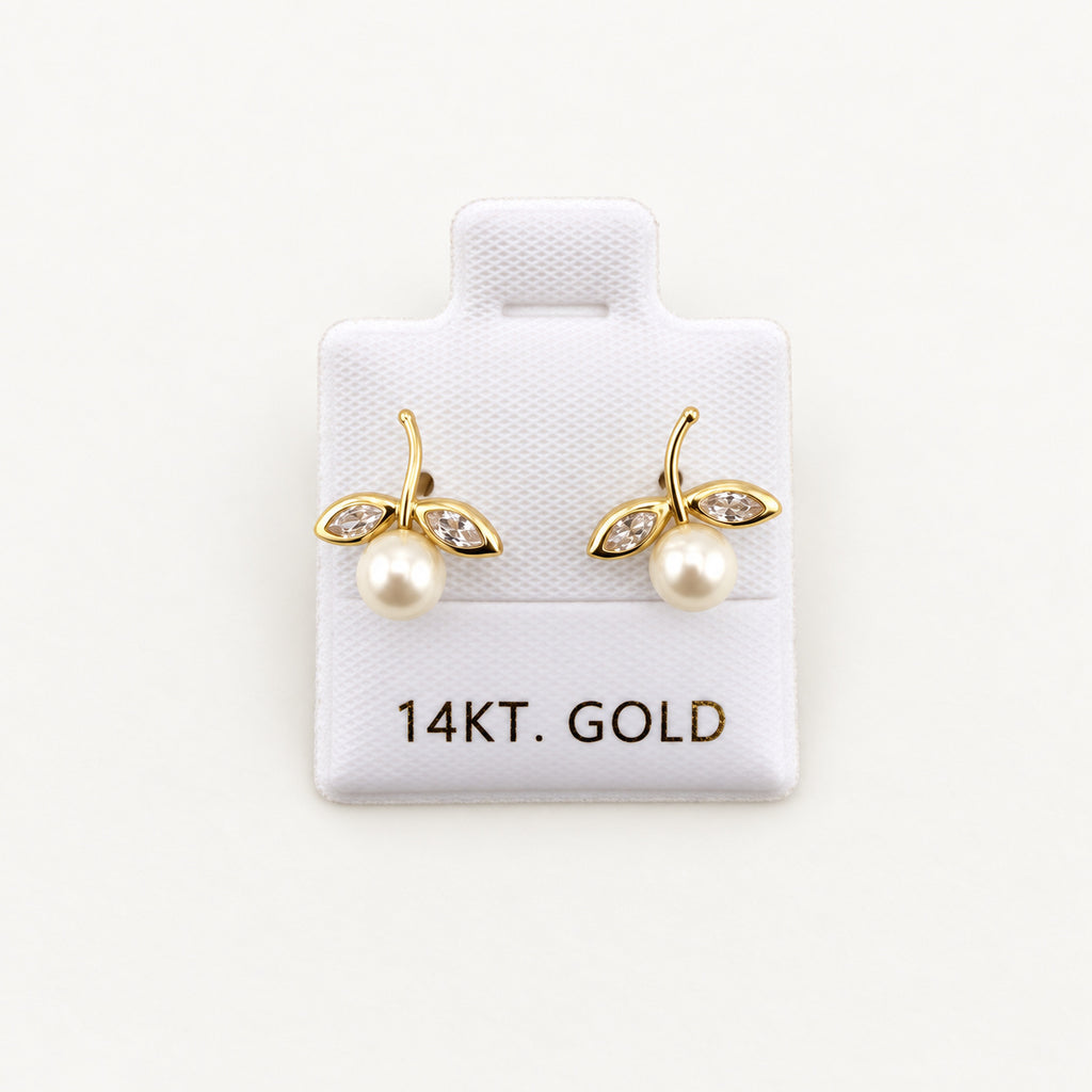 14K Gold Leaf and Pearlescent Bead Stud Earrings