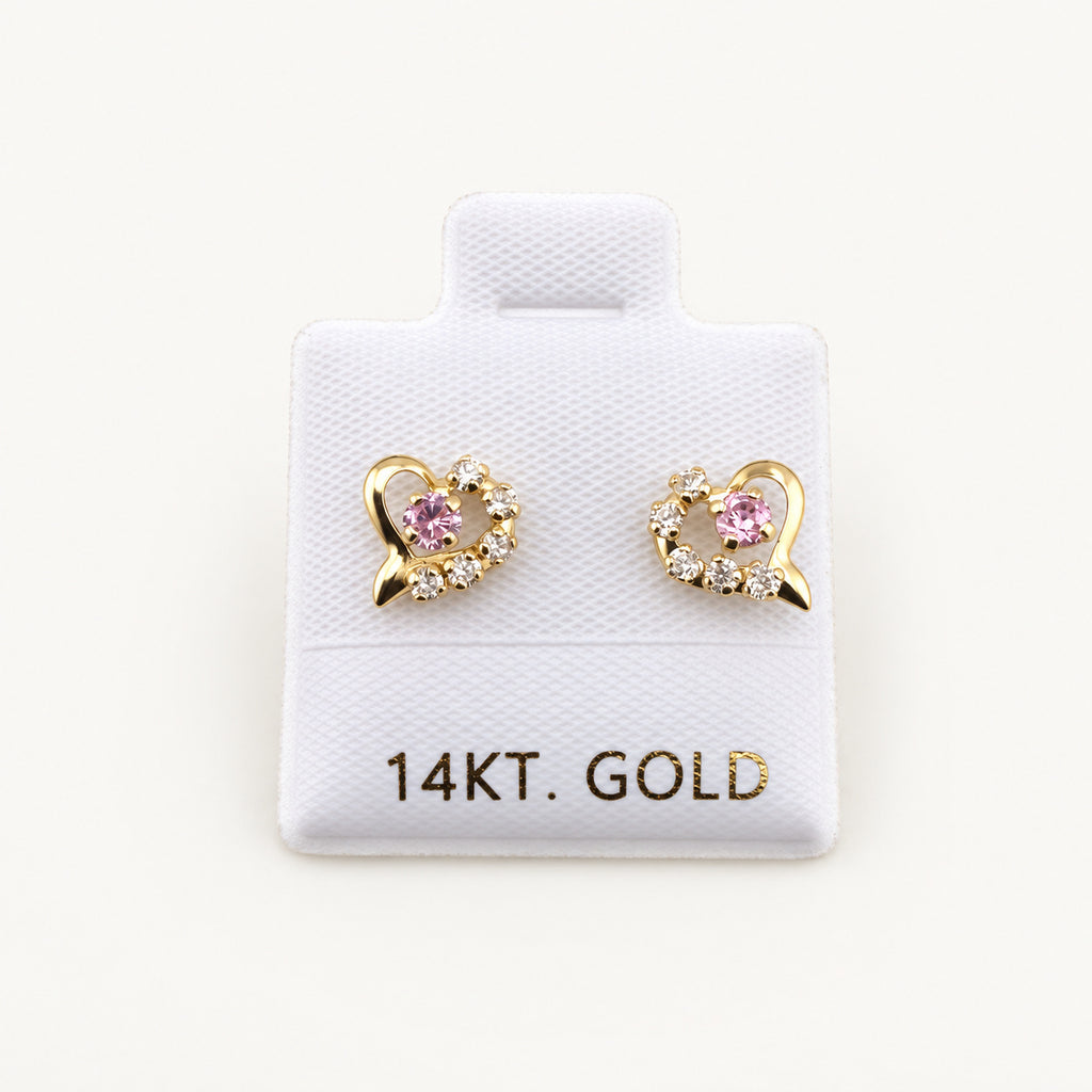 14K Gold Pink Heart CZ Stud Earrings