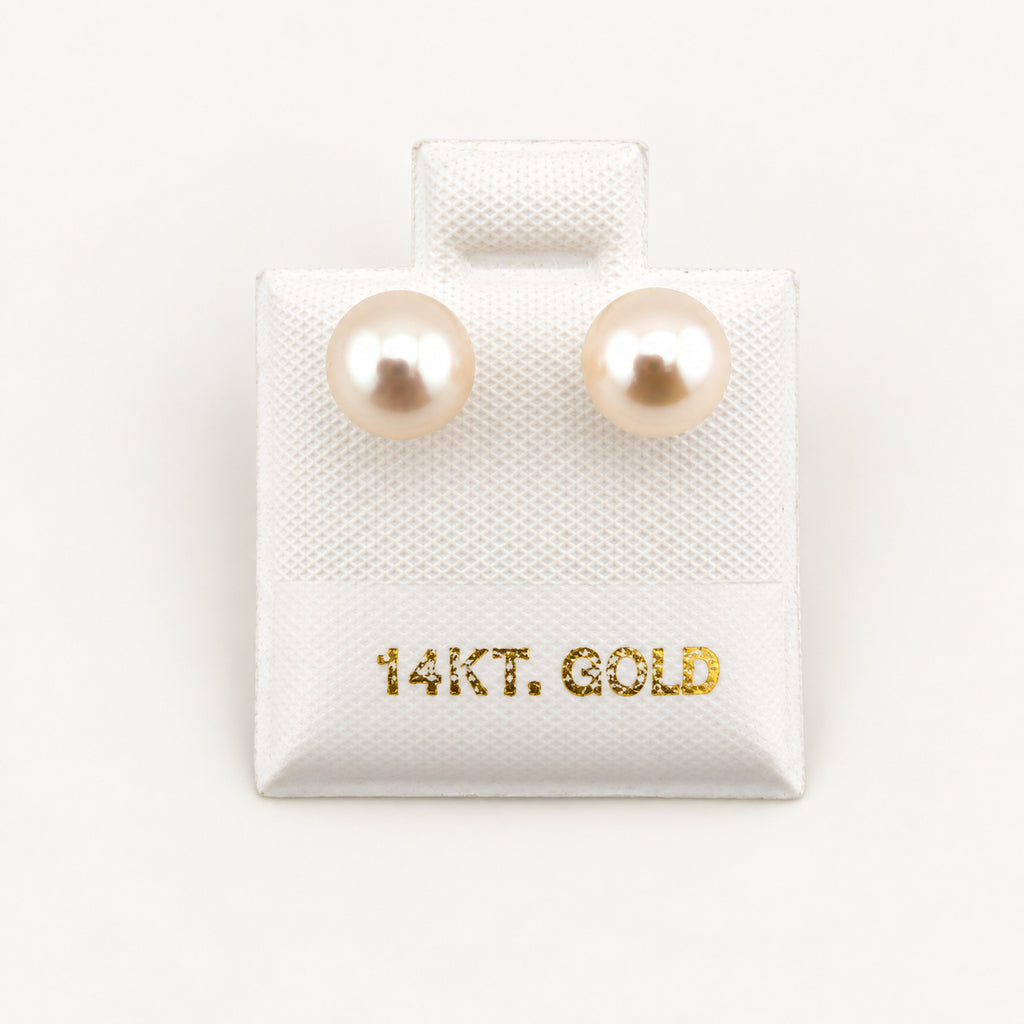 14K Gold Round Pearlescent Stud Earrings
