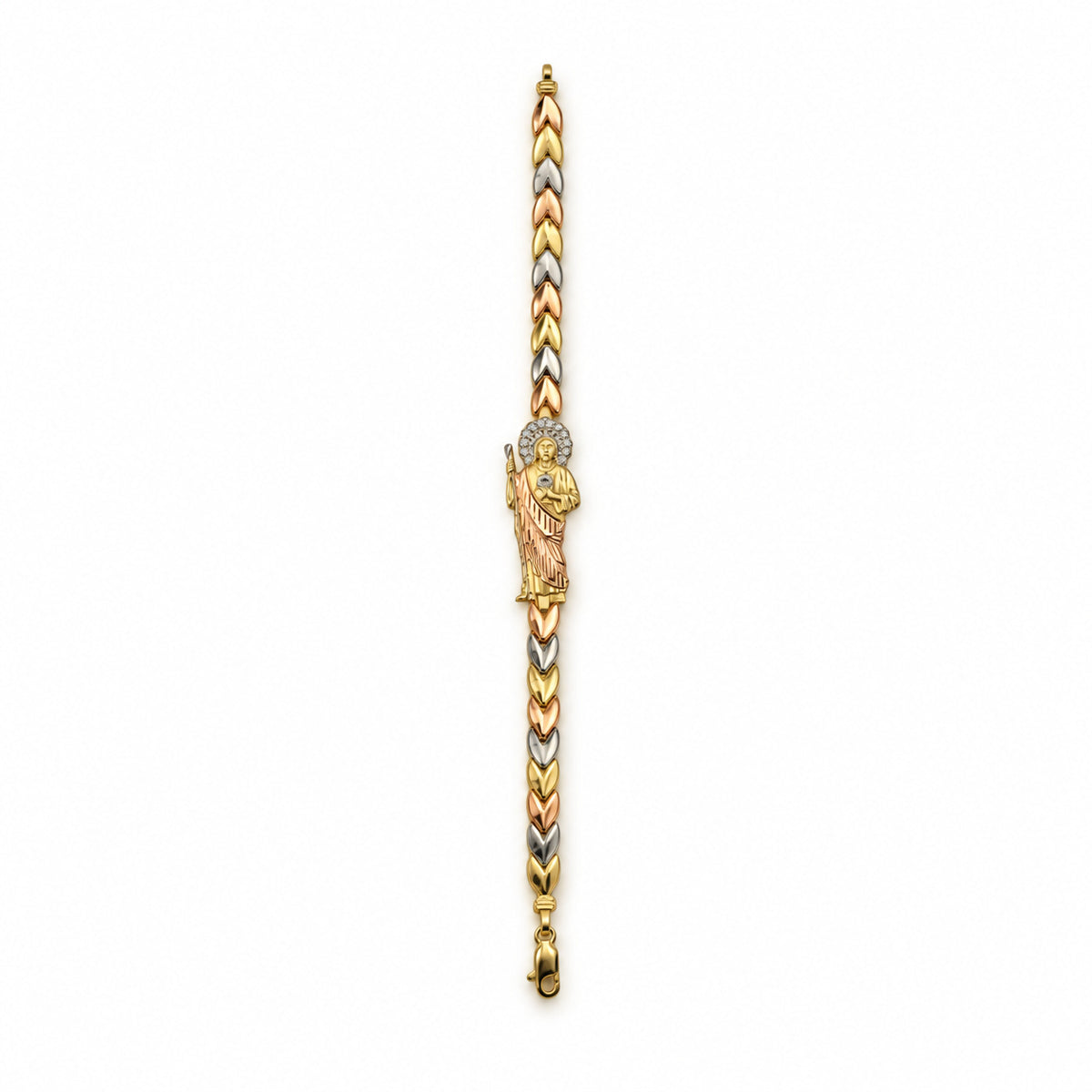 14K Gold Multi-Tone Religious Medallion CZ Bracelet — overall view