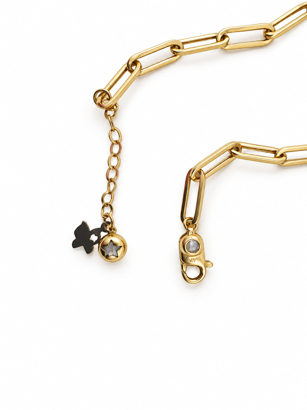 14K Gold Paperclip and Textured Bead Bracelet — clasp and detail view