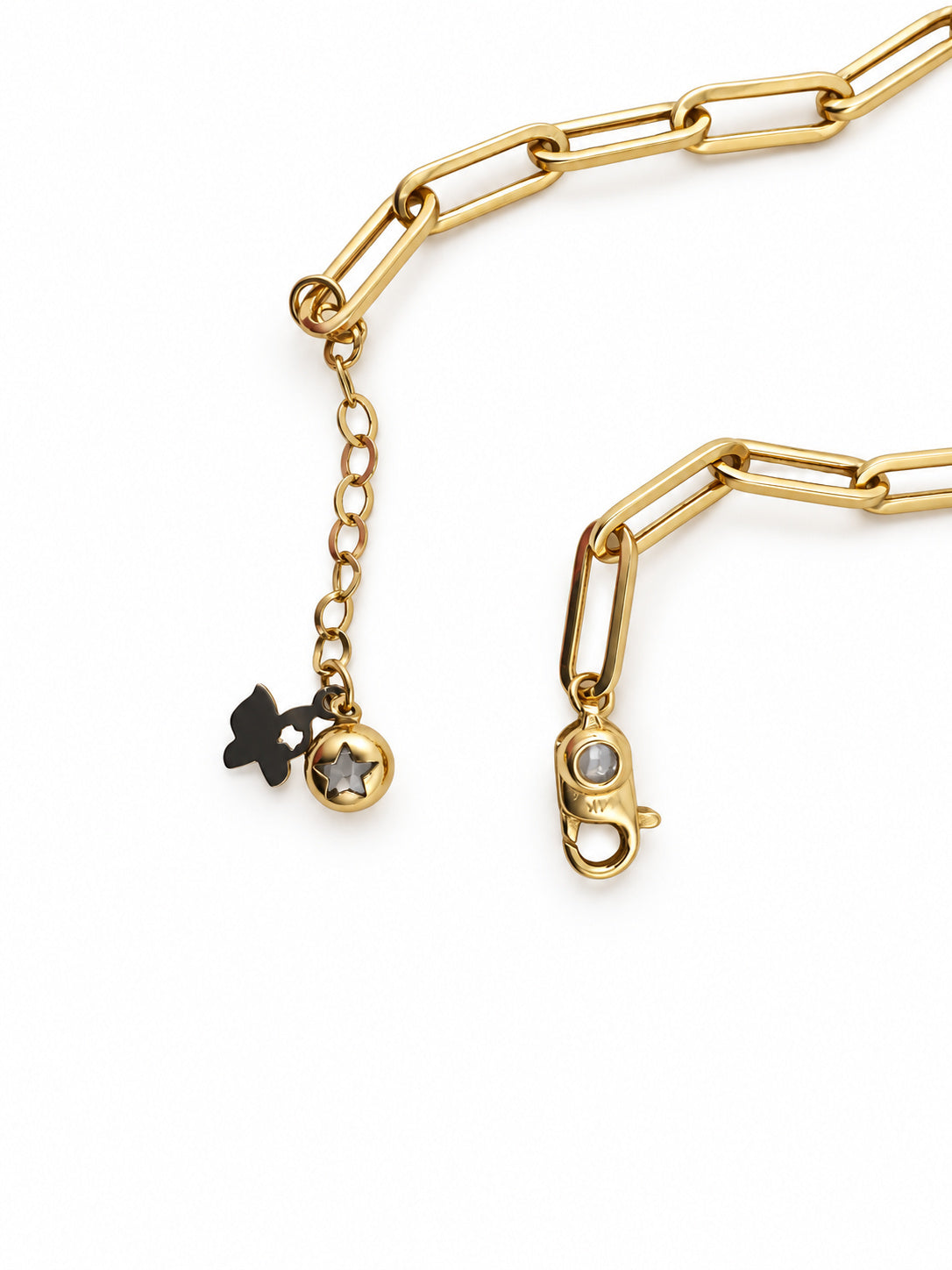 14K Gold Paperclip and Textured Bead Bracelet — clasp and detail view