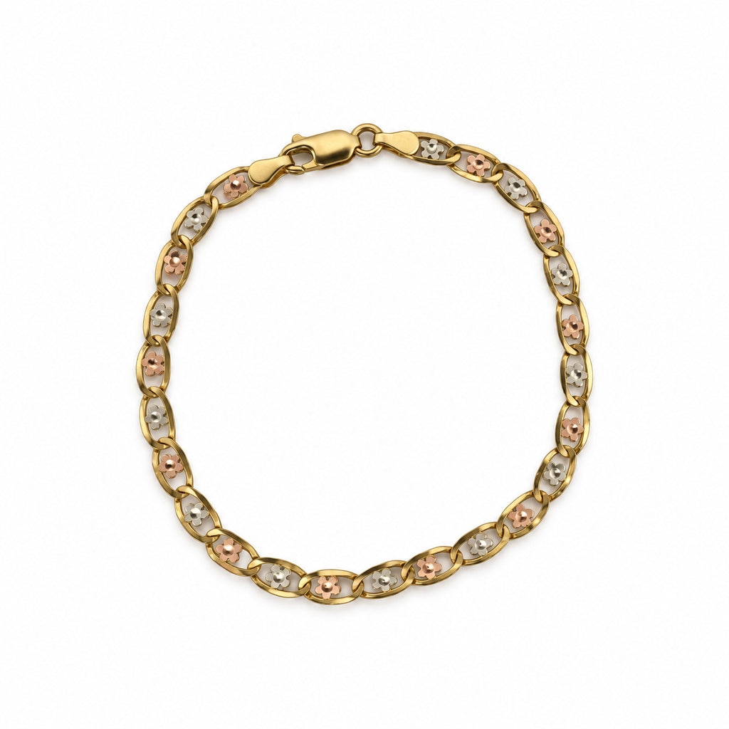 14K Gold Multi-Tone Floral Link Bracelet — overall view