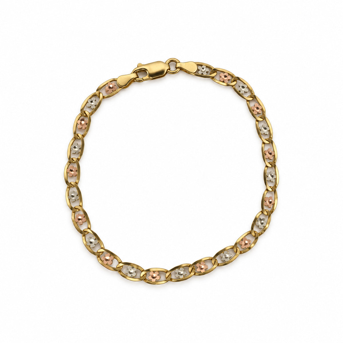 14K Gold Multi-Tone Floral Link Bracelet — overall view