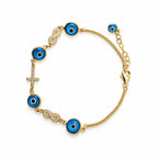 14K Gold Blue Evil Eye, Infinity and Cross CZ Bracelet — overall view
