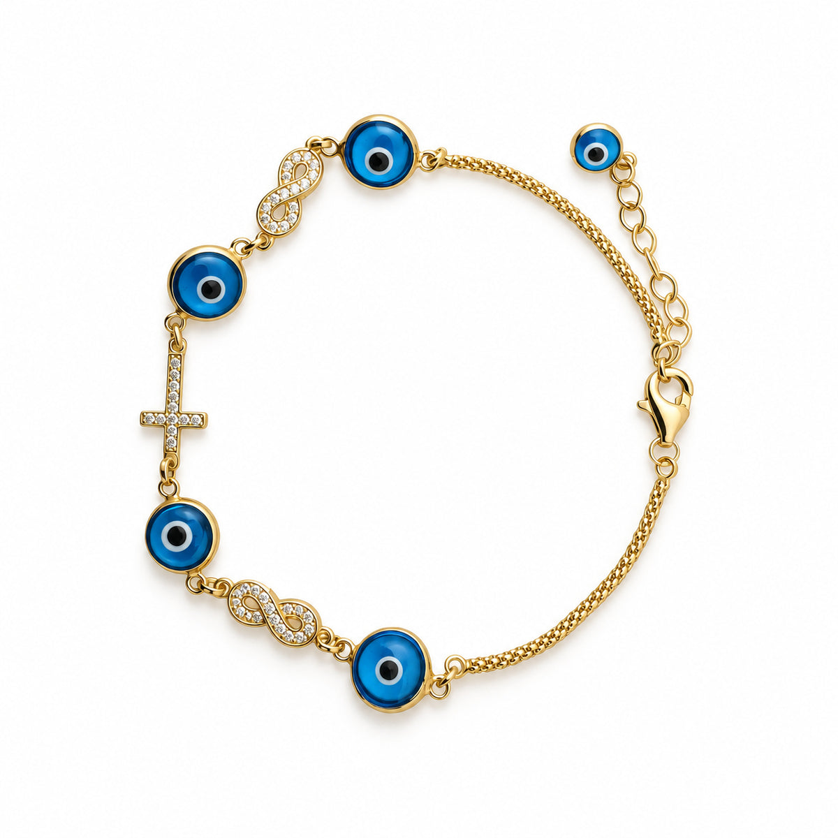 14K Gold Blue Evil Eye, Infinity and Cross CZ Bracelet — overall view