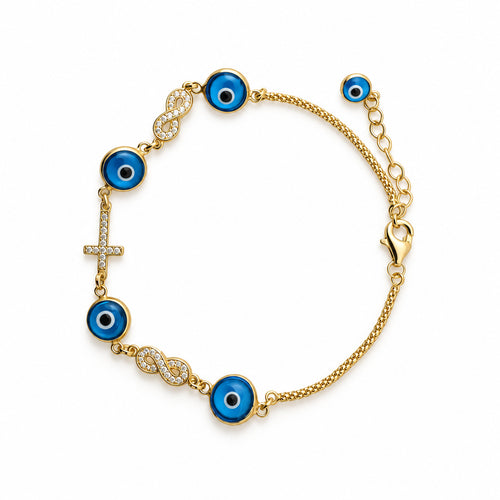 14K Gold Blue Evil Eye, Infinity and Cross CZ Bracelet — overall view