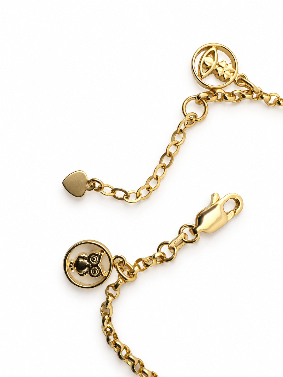 14K Gold Good Luck Charm Bracelet — clasp and detail view