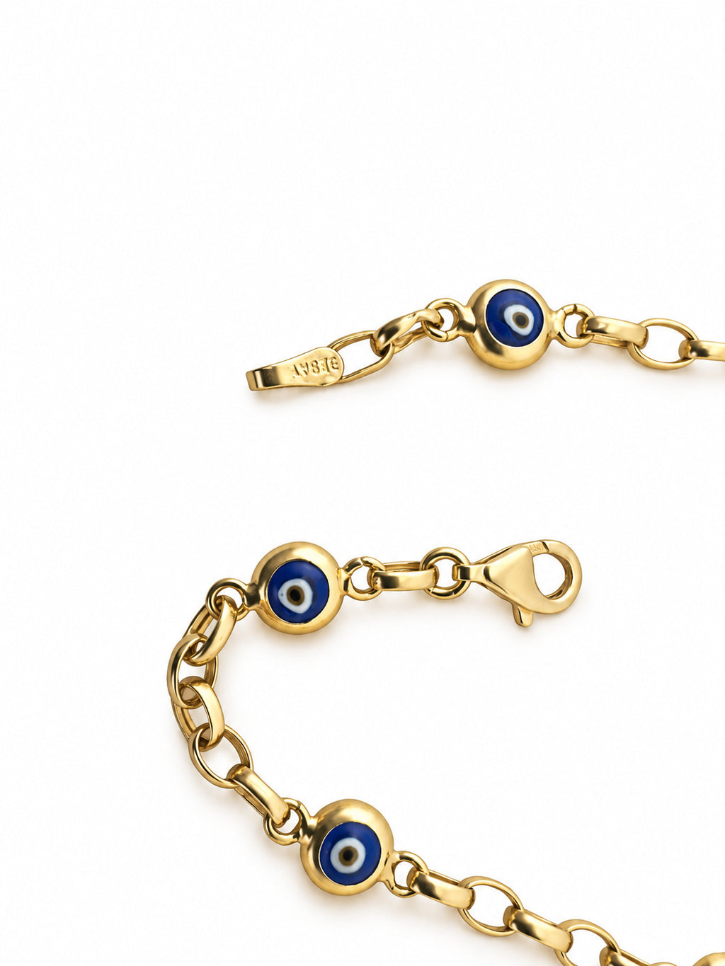 14K Gold Blue Evil Eye Station Bracelet — clasp and detail view