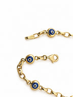 14K Gold Blue Evil Eye Station Bracelet — clasp and detail view