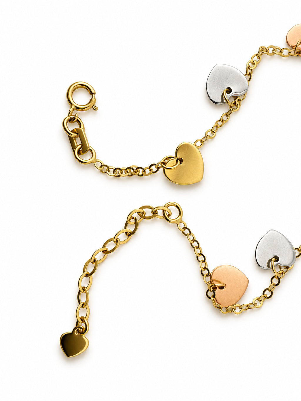 14K Gold Multi-Tone Heart Charm Bracelet — clasp and detail view