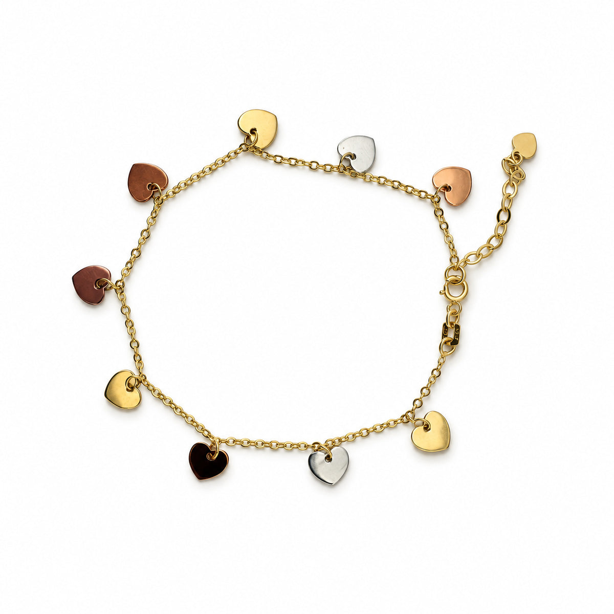 14K Gold Multi-Tone Heart Charm Bracelet — overall view