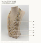 Chain length guide, angled view: six photographed chains labeled 16, 18, 20, 22, 24 and 26 inches, shortest to longest. Placement reference; fit varies.