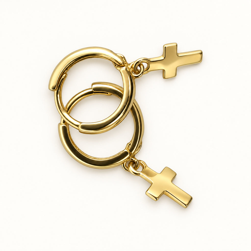 14K Gold Cross Drop Hoop Earrings — low-angle