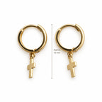 14K Gold Cross Drop Hoop Earrings — top, approximate size reference