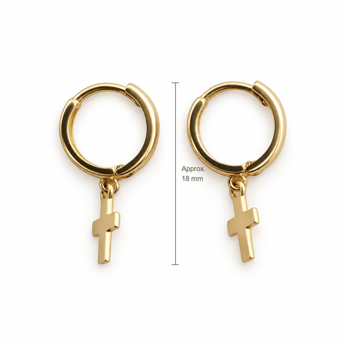 14K Gold Cross Drop Hoop Earrings — top, approximate size reference