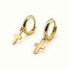 14K Gold Cross Drop Hoop Earrings — front
