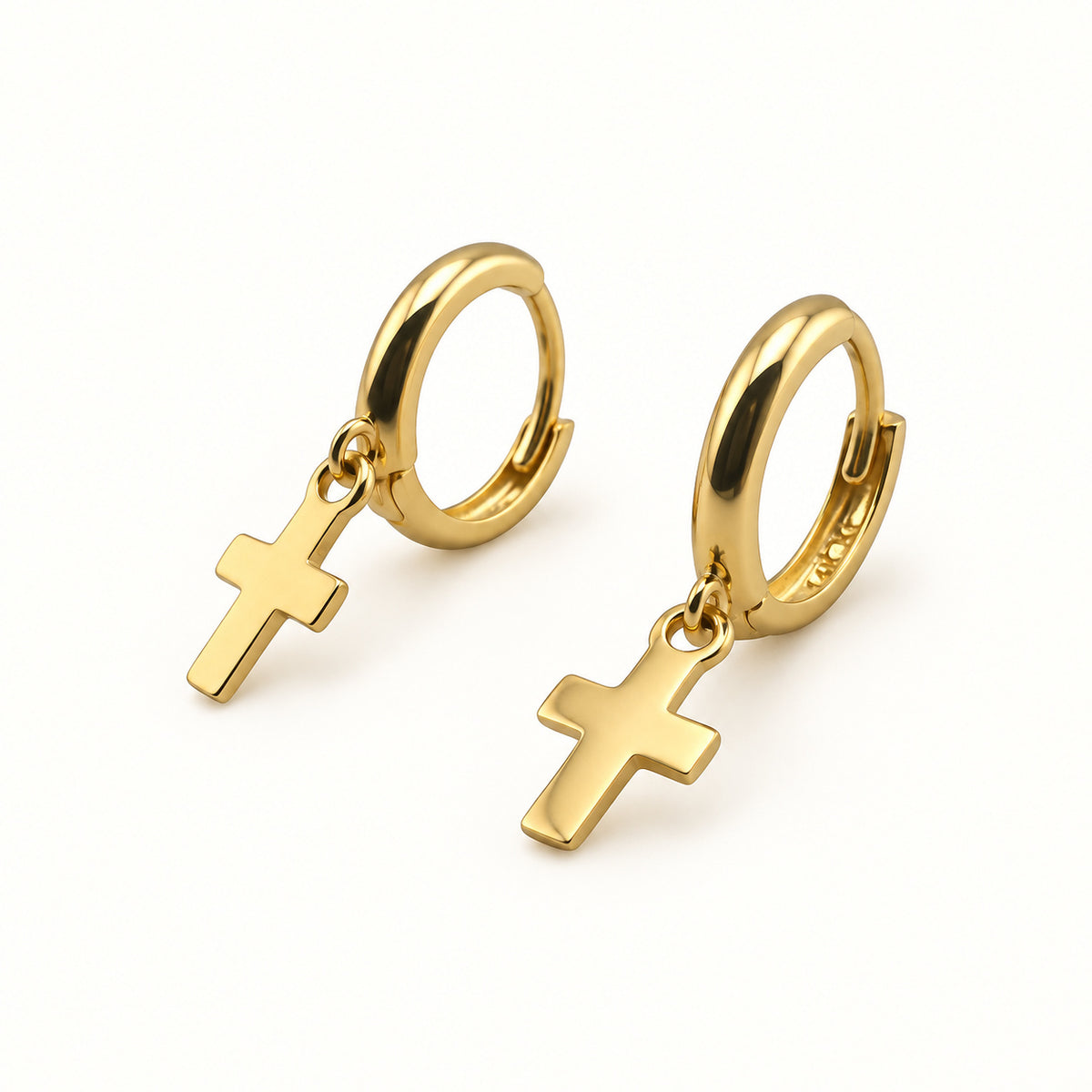 14K Gold Cross Drop Hoop Earrings — front