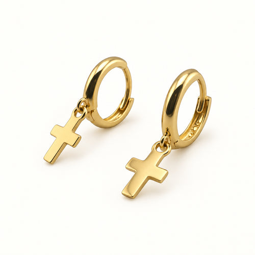 14K Gold Cross Drop Hoop Earrings — front