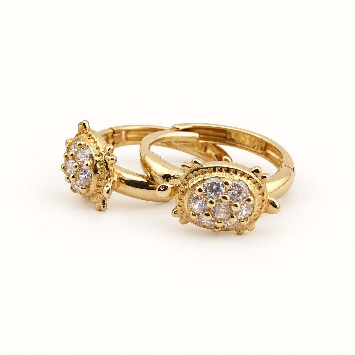 14K Gold Turtle CZ Hoop Earrings — low-angle