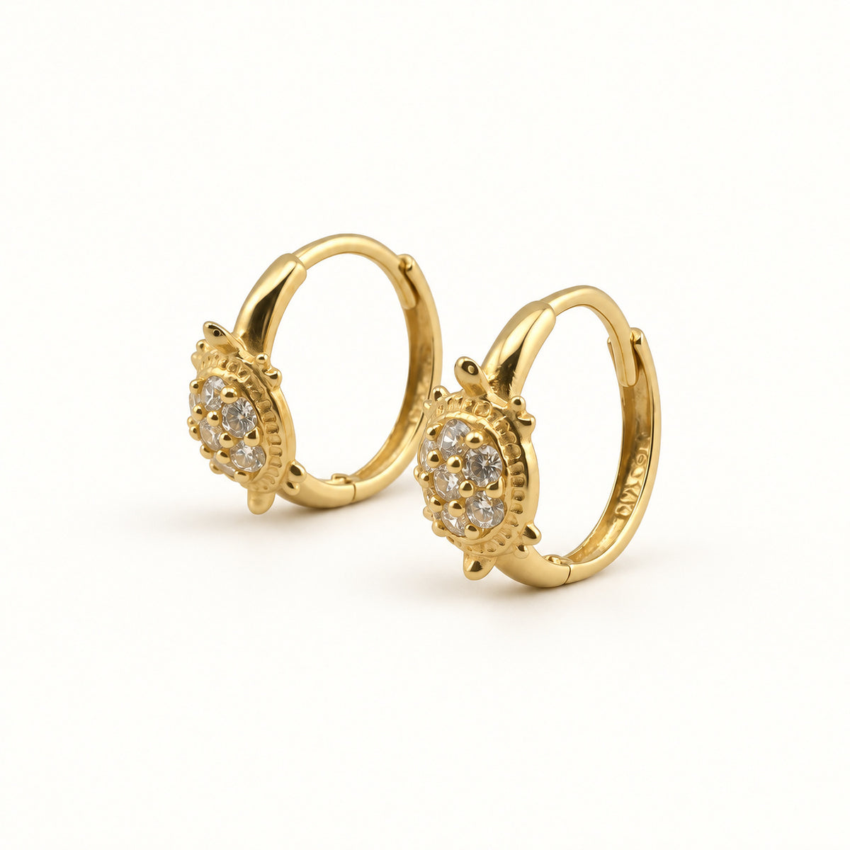 14K Gold Turtle CZ Hoop Earrings — front