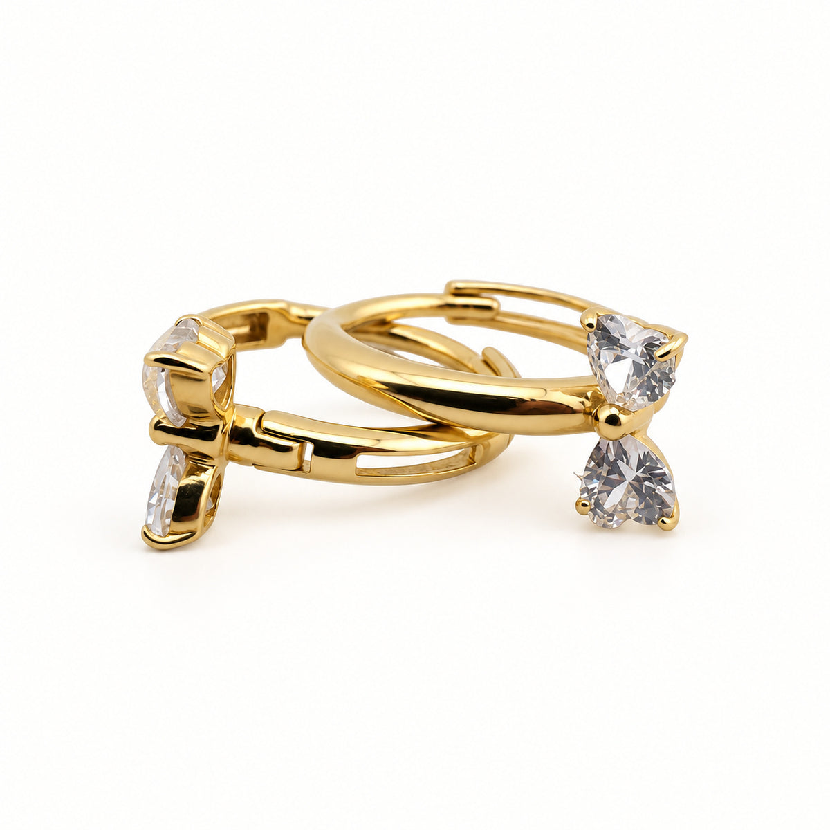 14K Gold Heart-Bow CZ Hoop Earrings — low-angle