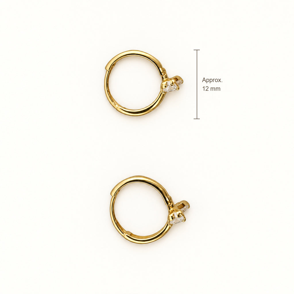 14K Gold Heart-Bow CZ Hoop Earrings — top, approximate size reference