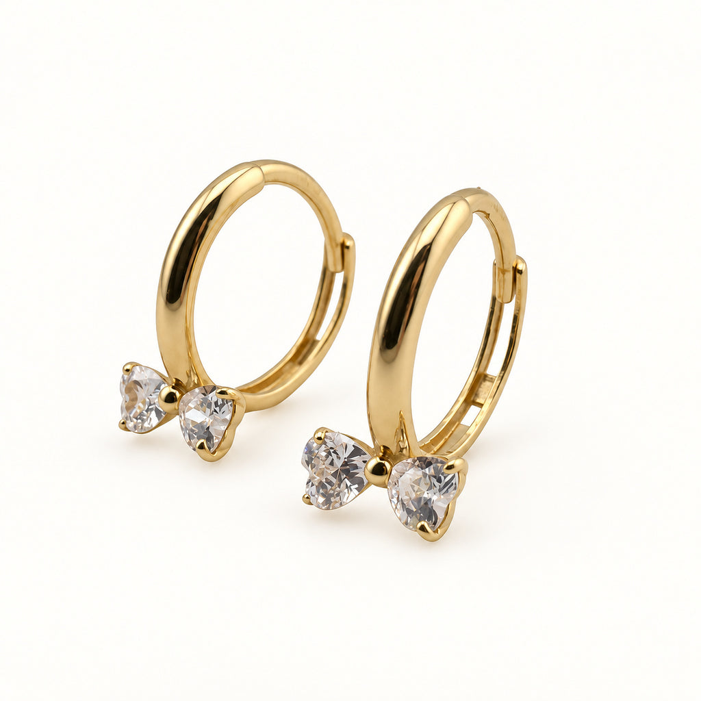 14K Gold Heart-Bow CZ Hoop Earrings — front