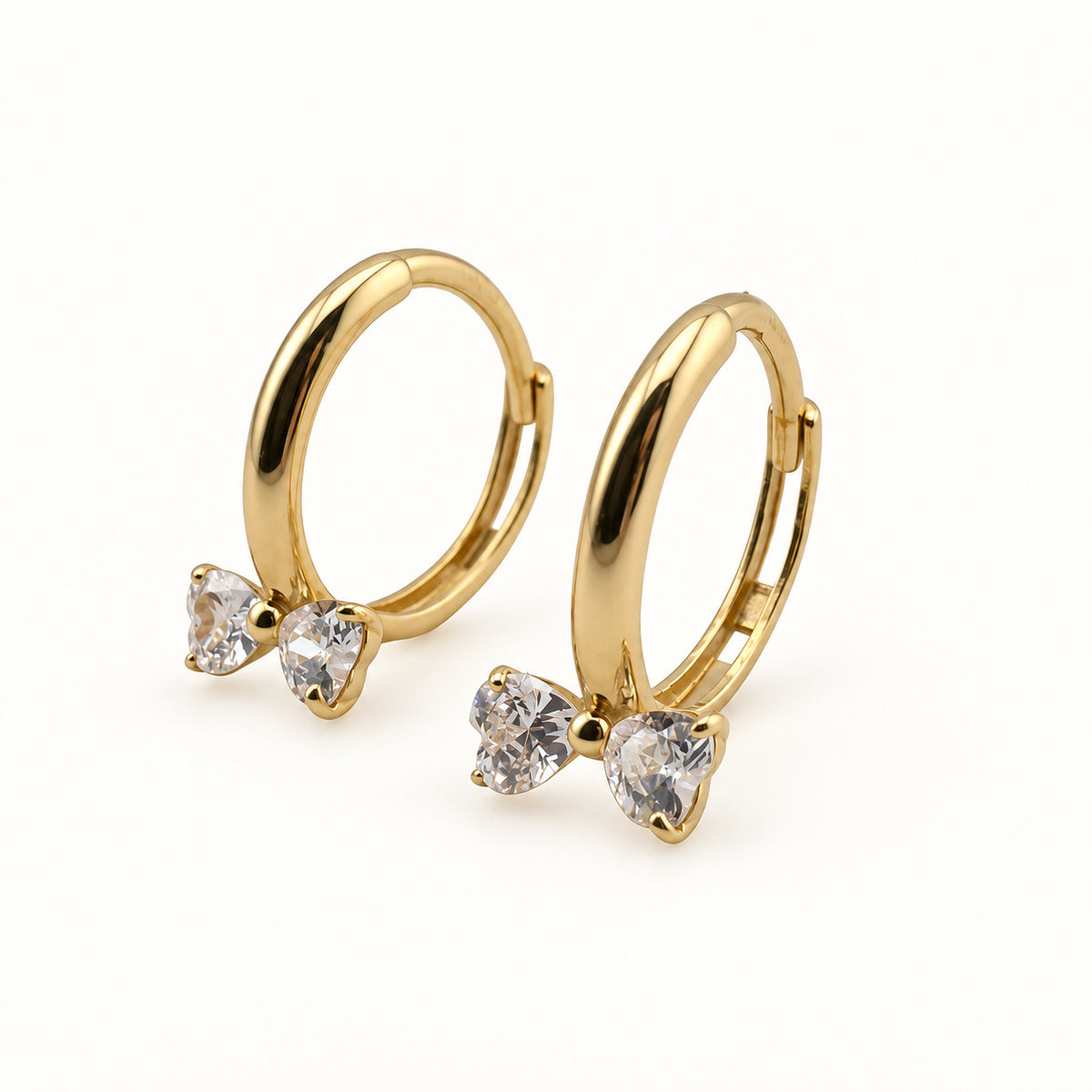 14K Gold Heart-Bow CZ Hoop Earrings — front