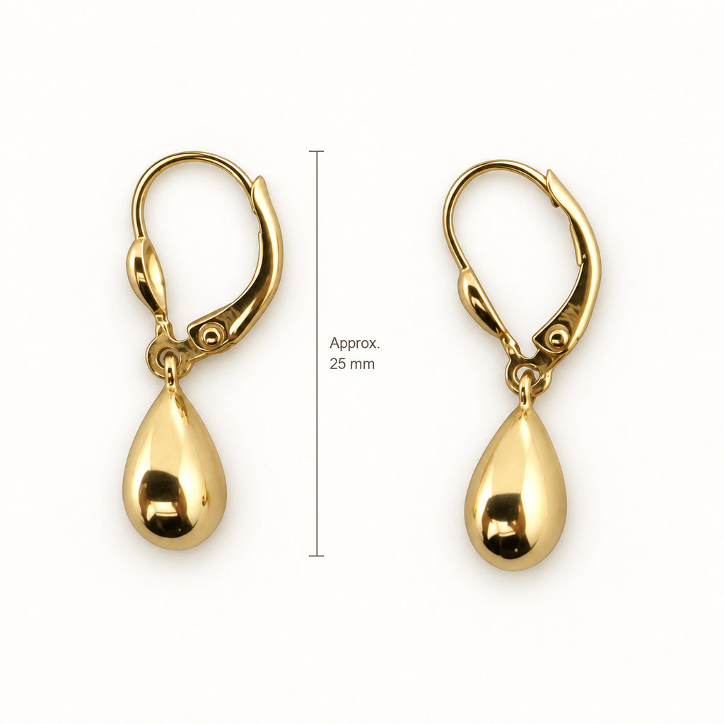 14K Gold Teardrop Dangle Earrings — top, approximate size reference