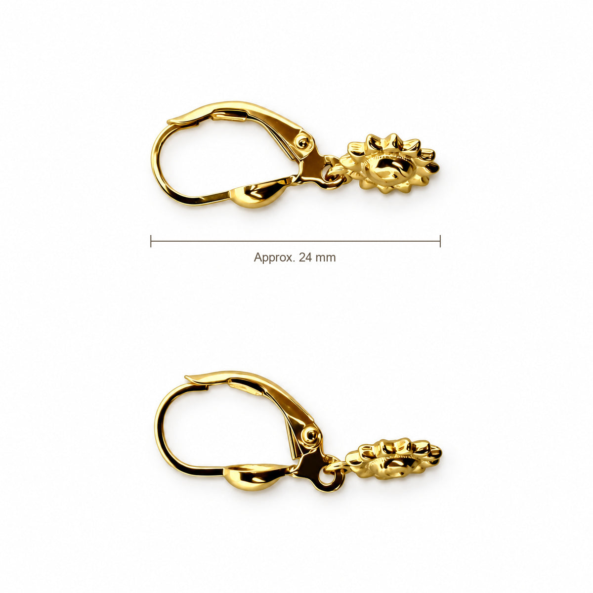 14K Gold Sunburst Drop Earrings — top, approximate size reference