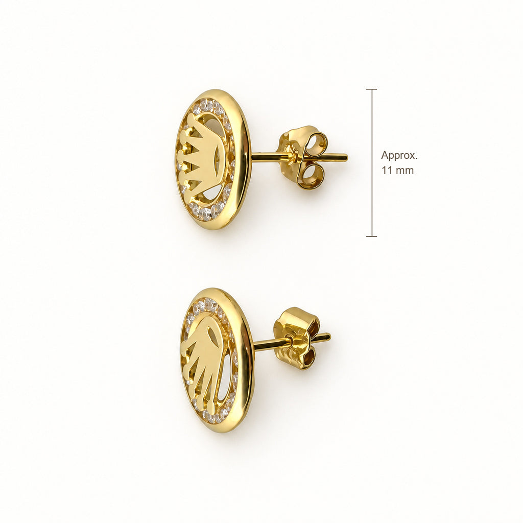 14K Gold Oval Crown CZ Stud Earrings — top, approximate size reference