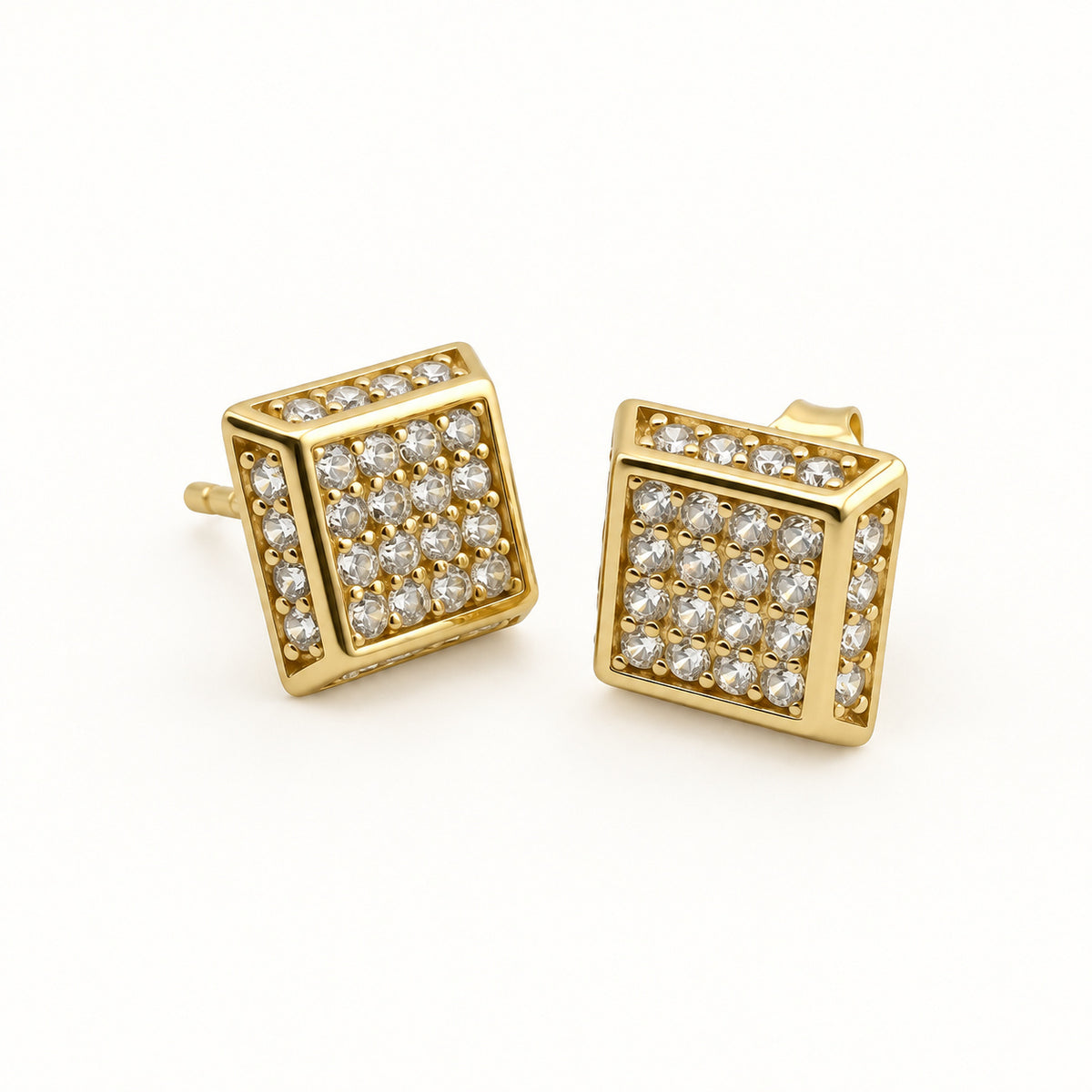 14K Gold Square CZ Cluster Stud Earrings — front